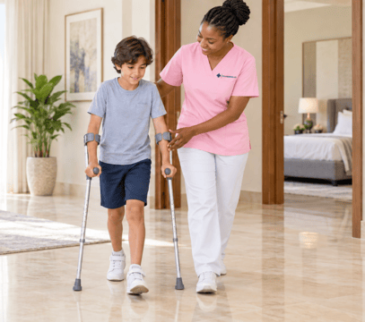A caregiver supporting an older adult at home